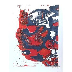 Red and Blue Hand-Carved Block Print Painting